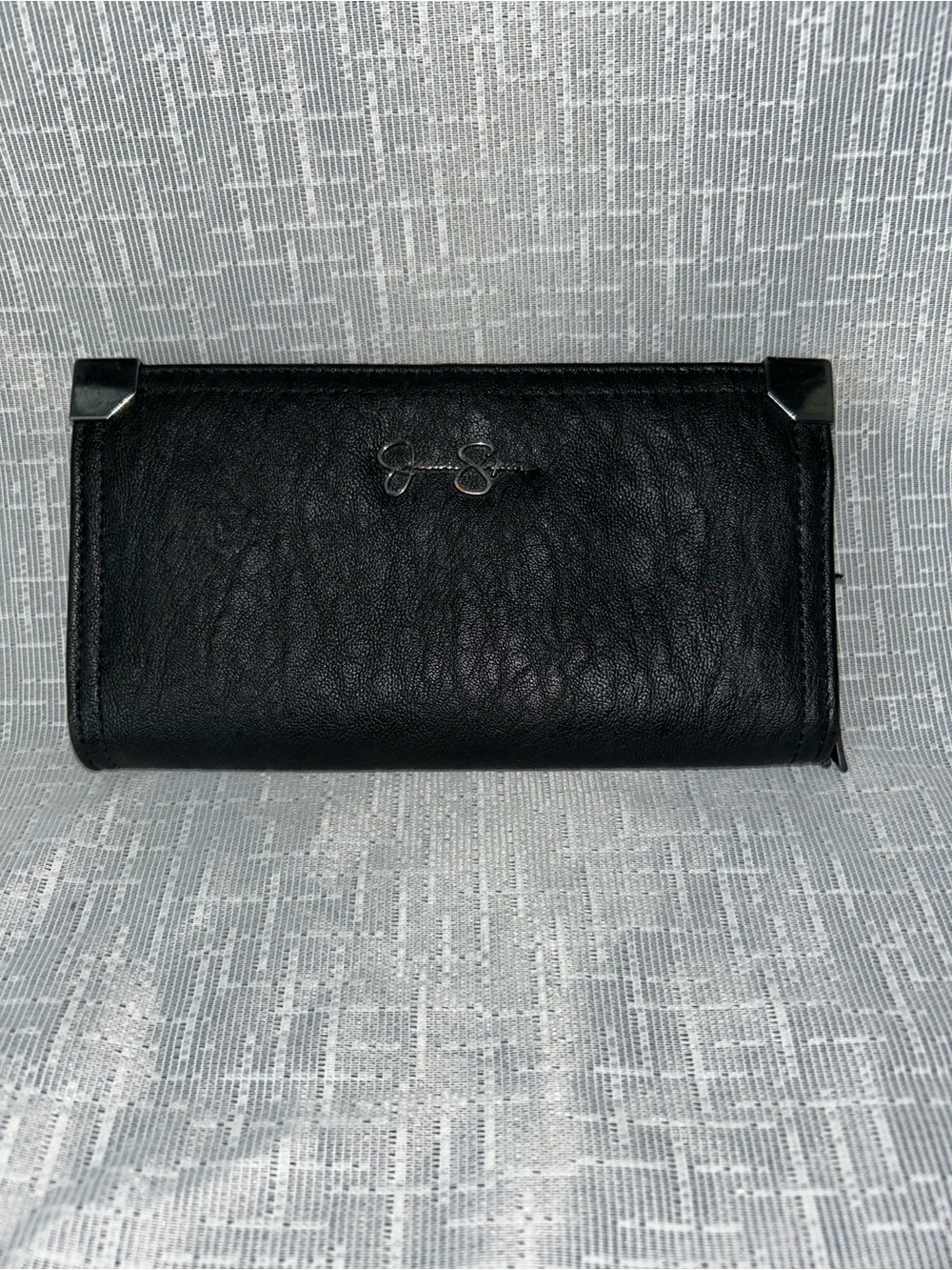 Jessica Simpson Black Leather Continental Card Holder with Metal Corner Accents